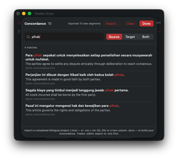 Concordance search showing four bilingual matches for the Indonesian word pihak, each paired with its English translation.