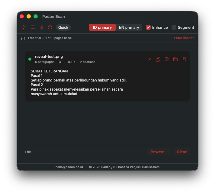Padan Scan after converting a document — a finished job showing the recognized Indonesian text with two citations detected.