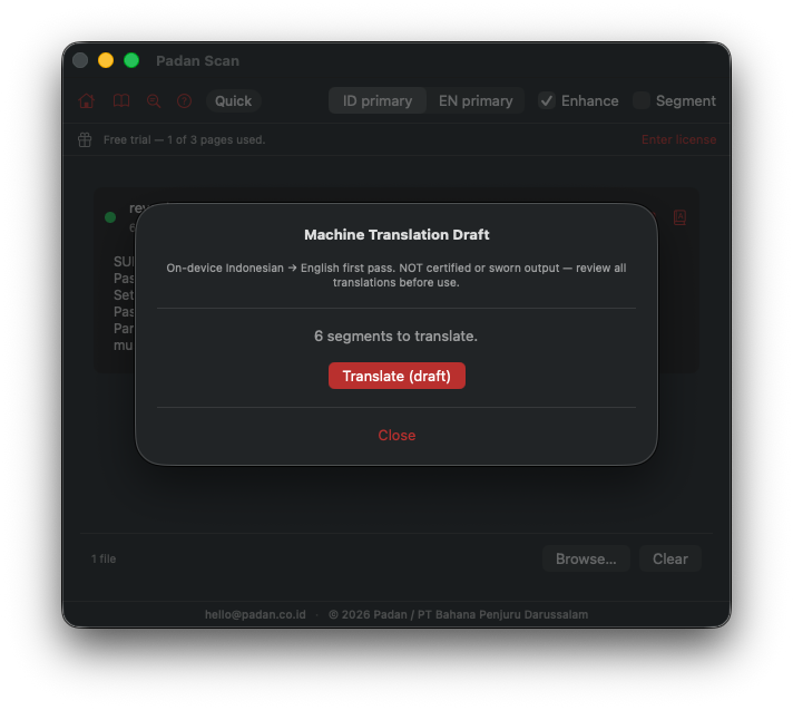 The on-device machine-translation draft dialog, plainly labelled not certified or sworn output.