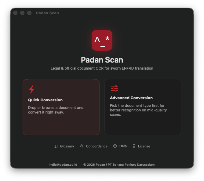 The Padan Scan home screen offering Quick and Advanced conversion modes.